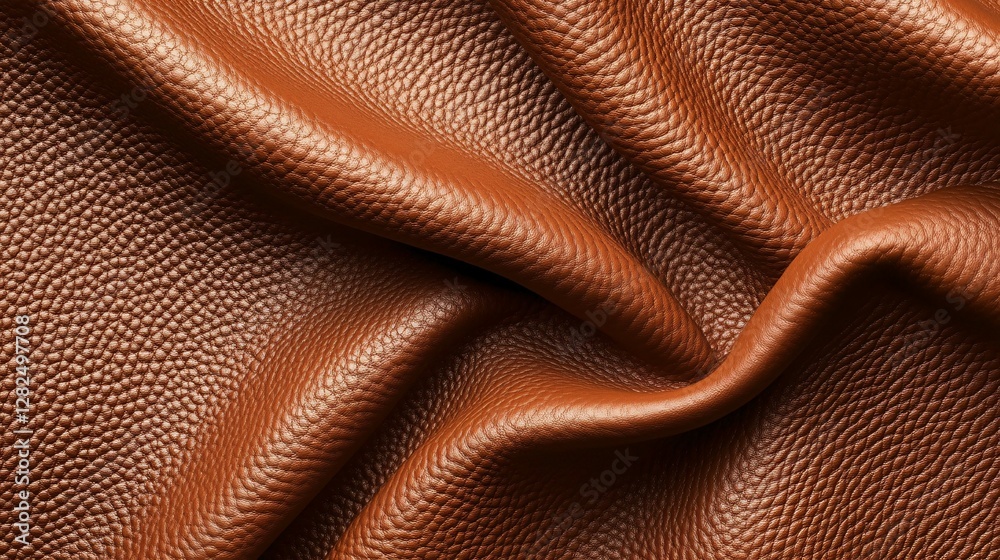 A brown leather surface with gentle folds and wrinkles is shown A brown leather surface with gentle folds and wrinkles is shown