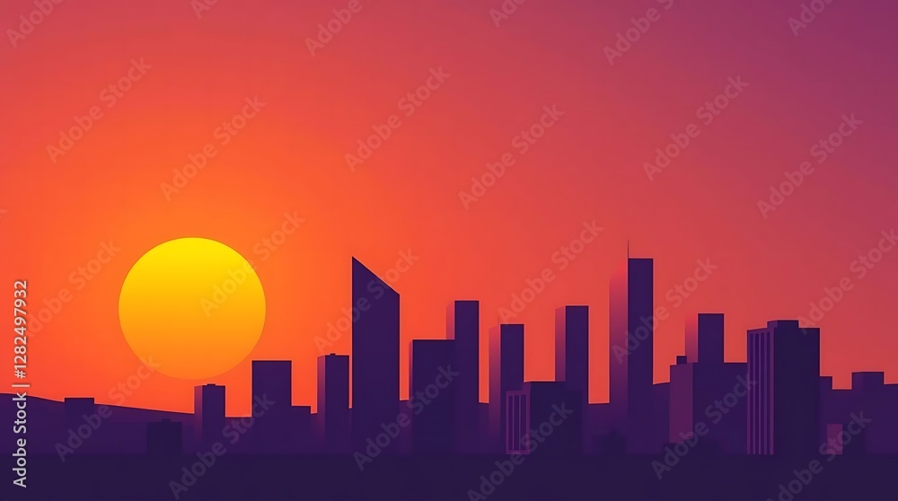 A minimalist vector illustration of a cityscape at sunset, simple geometric buildings, gradient orange and purple sky, clean lines, sharp angles. A minimalist vector illustration of a cityscape at sunset, simple geometric buildings, gradient orange and purple sky, clean lines, sharp angles.