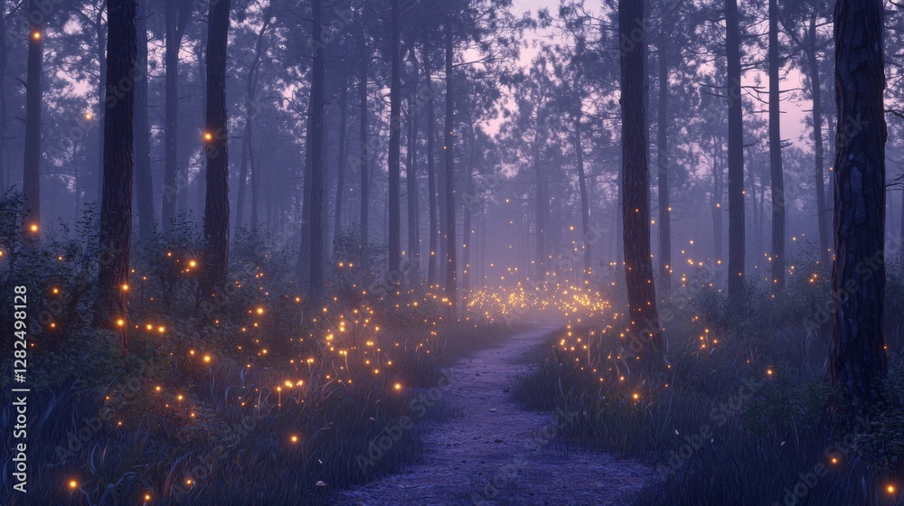 Fototapeta premium Enchanted Evening Forest Path with Glimmering Fireflies Illuminating a Misty Landscape at Dusk