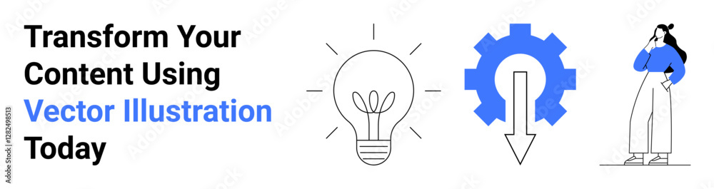 Plant sprouting in lightbulb, downward arrow within gear, and thinking person in casual attire. Ideal for innovation, workflow efficiency, creative thinking, online learning, business growth Plant sprouting in lightbulb, downward arrow within gear, and thinking person in casual attire. Ideal for innovation, workflow efficiency, creative thinking, online learning, business growth