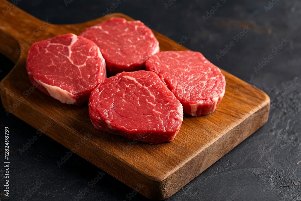 Freshly cut beef steaks arranged on a wooden cutting board, ready for cooking Freshly cut beef steaks arranged on a wooden cutting board, ready for cooking