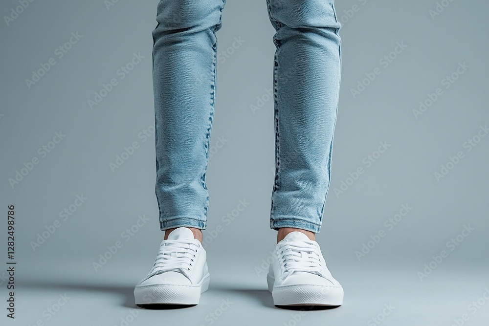 A pair of white sneakers and blue jeans, worn by an Asian male model against a gray background. The focus is on his feet with a low-angle shot, highlighting their details. A pair of white sneakers and blue jeans, worn by an Asian male model against a gray background. The focus is on his feet with a low-angle shot, highlighting their details.