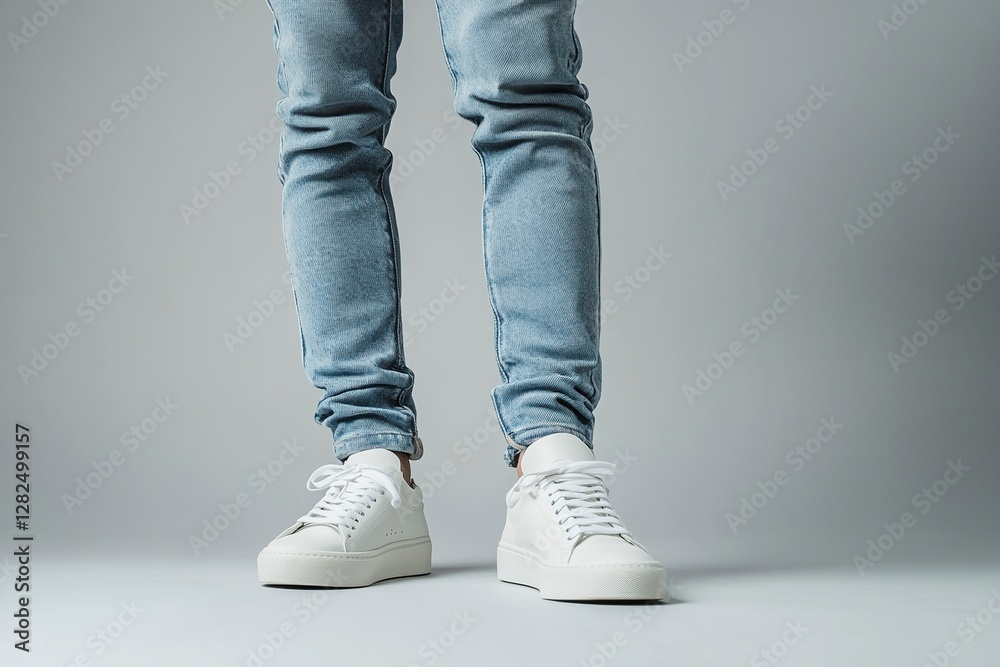 A pair of white sneakers and blue jeans, worn by an Asian male model against a gray background. The focus is on his feet with a low-angle shot, highlighting their details. A pair of white sneakers and blue jeans, worn by an Asian male model against a gray background. The focus is on his feet with a low-angle shot, highlighting their details.