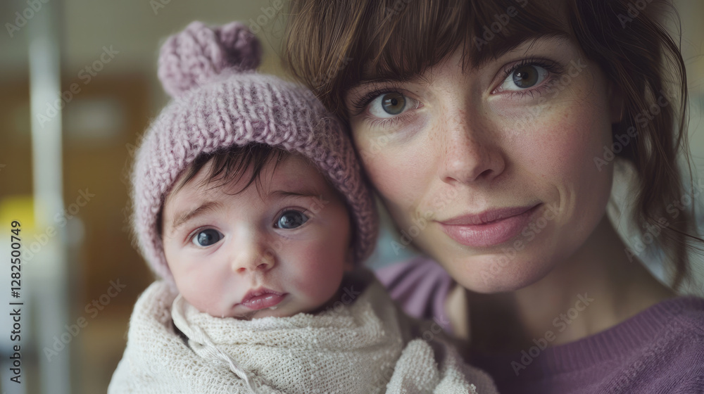An ordinary woman with brown hair holding her newborn baby, generative AI An ordinary woman with brown hair holding her newborn baby, generative AI