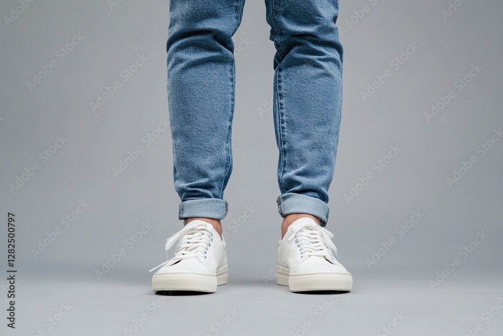 A pair of white sneakers and blue jeans, worn by an Asian male model against a gray background. The focus is on his feet with a low-angle shot, highlighting their details. A pair of white sneakers and blue jeans, worn by an Asian male model against a gray background. The focus is on his feet with a low-angle shot, highlighting their details.