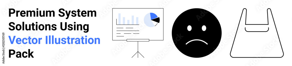 Fototapeta premium Presentation board with graphs, sad face circle, and outlined bag design. Ideal for data analytics, environmental messaging, emotional states, business solutions, education, marketing and flat