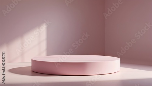 A clean and empty cosmetic shelf with spotlights on a pink wall showcasing jars, bottles, and containers for skincare, lotion, and health products photo