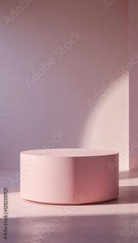 A clean and empty cosmetic shelf with spotlights on a pink wall showcasing jars, bottles, and containers for skincare, lotion, and health products photo