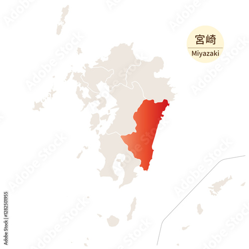 宮崎県の明るく美しい地図、離島を含む九州地方の中の宮崎県