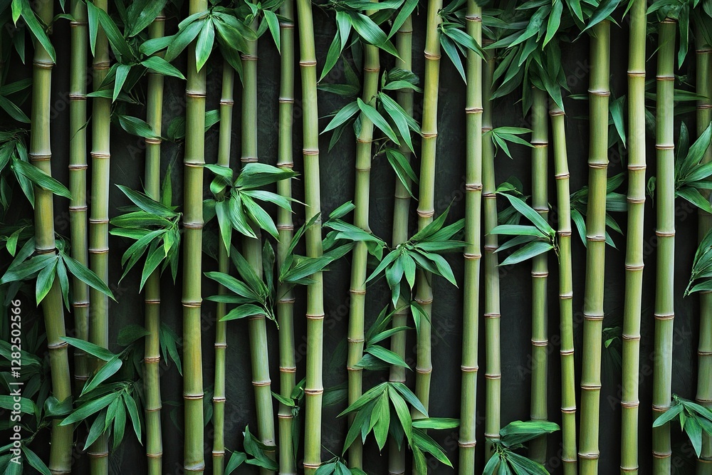 Obraz premium A bamboo wall with green leaves, dark background, and numerous bamboo stalks arranged in rows. The bamboo is fresh and lush, giving it an organic feel. It has a natural texture that adds depth