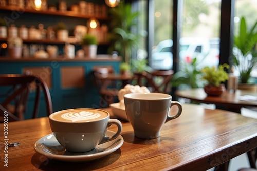 Wallpaper Mural A Cozy Cafe Scene Featuring Two Cups of Coffee with Beautiful Latte Art on a Wooden Table Surrounded by Green Plants and a Warm Ambiance Torontodigital.ca