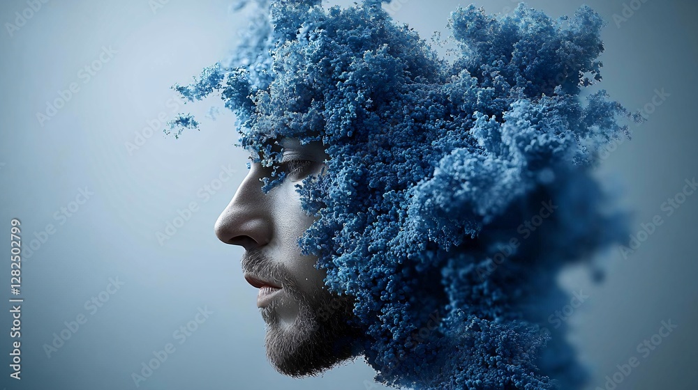 Man's face dissolving into blue particles Man's face dissolving into blue particles