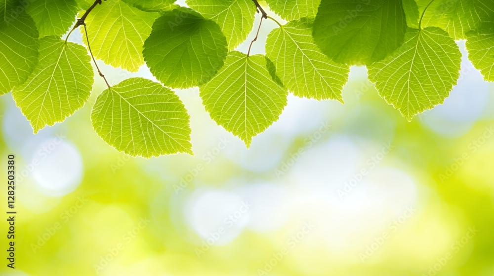 Bright Green Leaves on Branch, Soft Focus Nature Background Bright Green Leaves on Branch, Soft Focus Nature Background