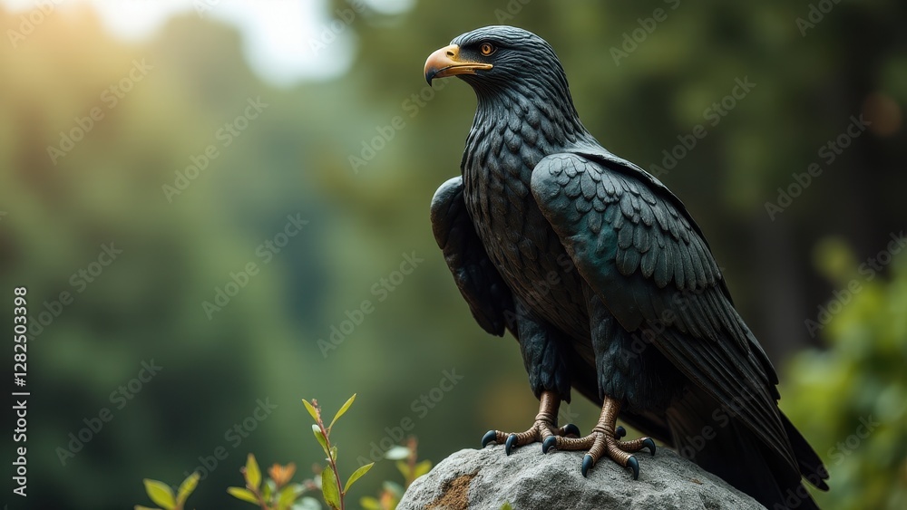 Fototapeta premium A detailed eagle statue perched on a rock with a blurred natural background.