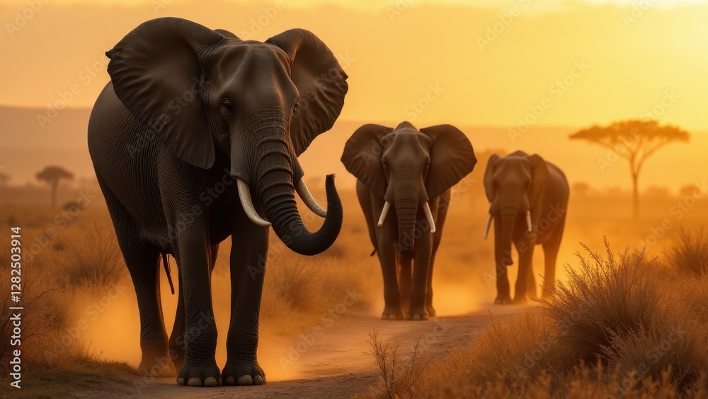 Obraz premium Elephant wallpaper featuring three elephants walking on a dusty path during sunset in a savannah landscape.