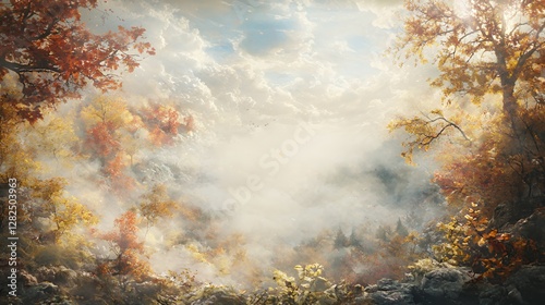 Autumn Forest Landscape with Golden Sunlight and Fog