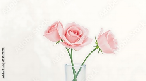 Minimalist watercolor painting, a simple arrangement of three muted pink roses in a clear glass vase against a white background, soft edges, delicate brushstrokes.