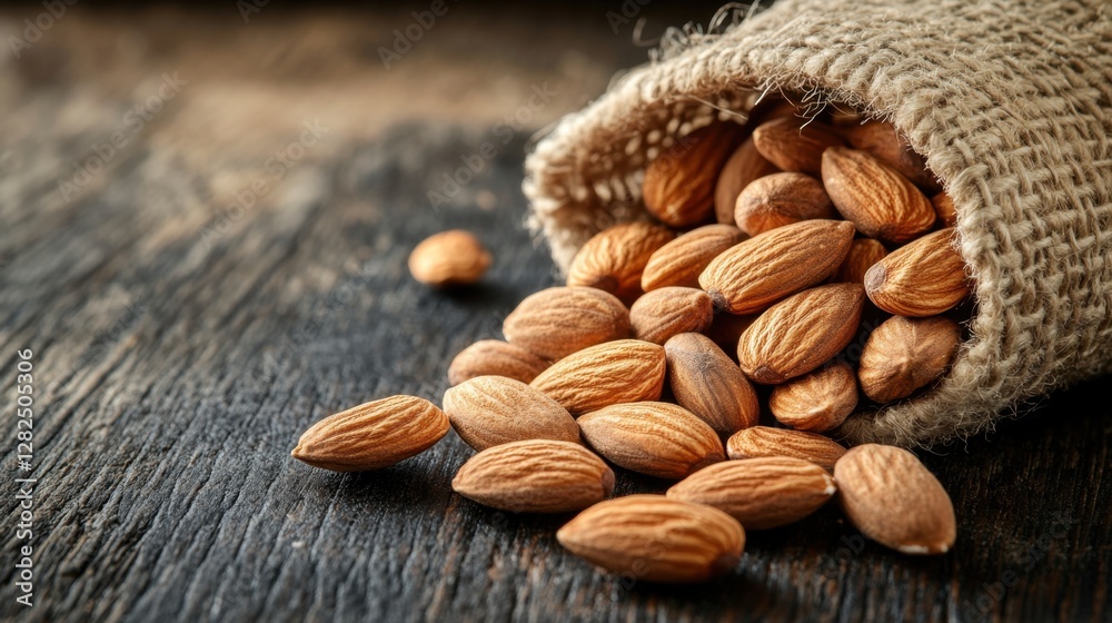 Almonds in a burlap bag displayed on a wooden surface with natural lighting
