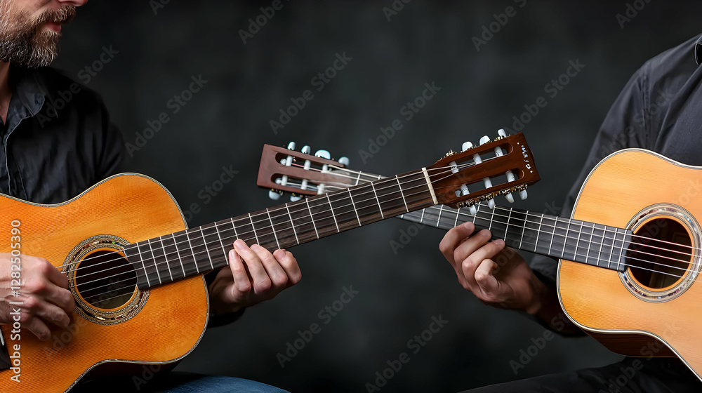 Obraz premium Guitarists playing classical guitars, close-up