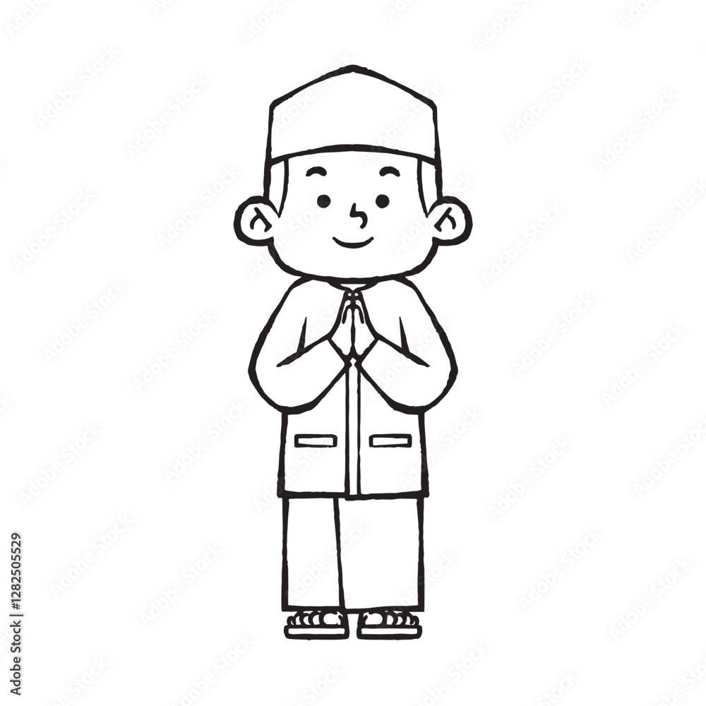 Indonesian muslim boy in greeting pose line art Indonesian muslim boy in greeting pose line art