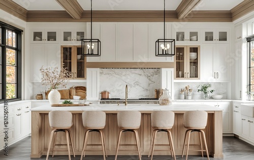 Wallpaper Mural 3D rendering of a luxury modern farmhouse kitchen with an island and barstools in light wood, white cabinets, and a marble backsplash. Soft, warm lighting illuminates the front view.  Torontodigital.ca