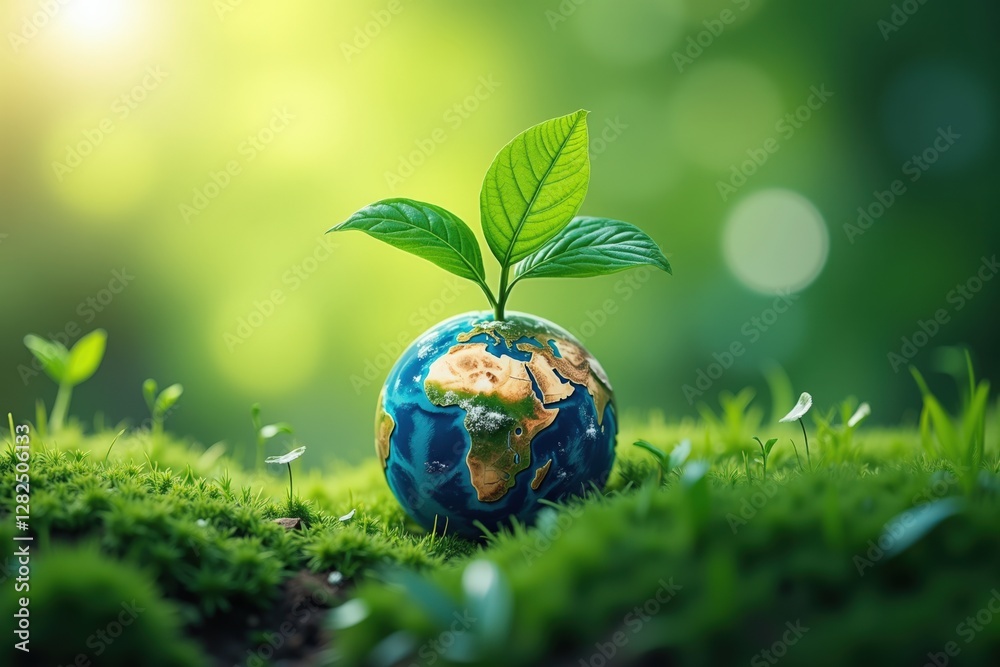A small globe depicting Earth with vibrant greenery and a budding green plant symbolizes sustainability and environmental preservation, highlighting nature's resilience and importance. A small globe depicting Earth with vibrant greenery and a budding green plant symbolizes sustainability and environmental preservation, highlighting nature's resilience and importance.