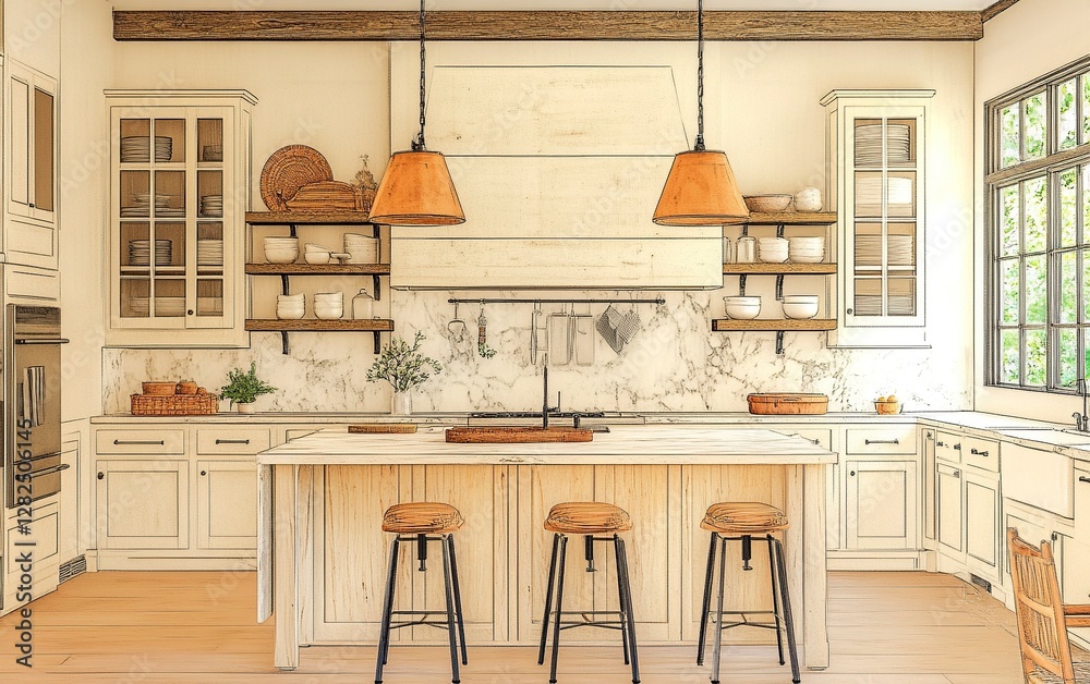 Obraz premium 3D rendering of a luxury modern farmhouse kitchen with an island and barstools in light wood, white cabinets, and a marble backsplash. Soft, warm lighting illuminates the front view. 