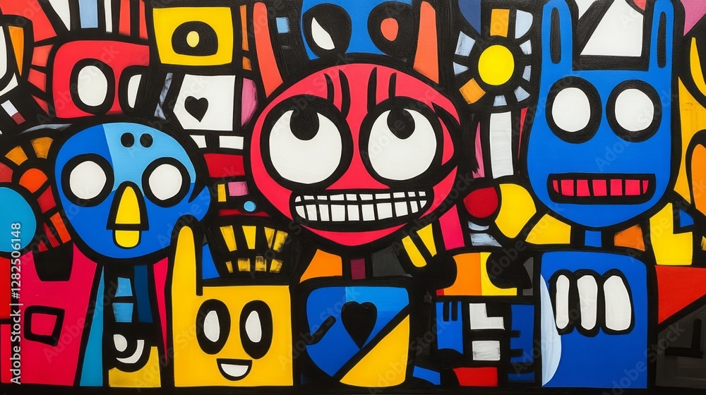 Colorful cartoon characters stand together in a vibrant abstract painting Colorful cartoon characters stand together in a vibrant abstract painting