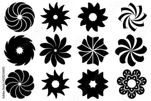 The black flower vector set features abstract floral design silhouettes and geometric patterns. It is ideal for decoration, logos, and design projects. Includes minimalist botanical elements