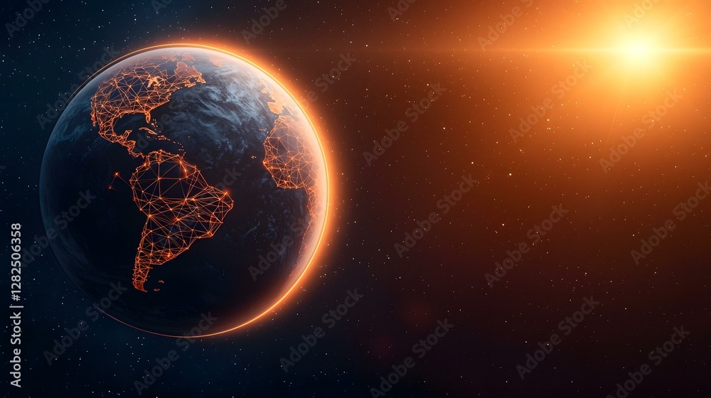Naklejka premium The image shows a digitally enhanced view of planet Earth from space, illuminated by a bright sun. A network of glowing orange lines connects various points across the continents, representing globa