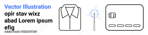 Business card, collared shirt, and magical wand suggest professional attire, fashion, payment methods and technology. Ideal for business, fashion, payment systems, technology retail digital