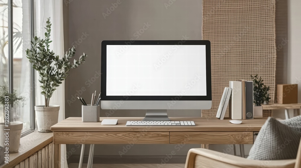 Modern Home Office with Minimalist Design and Empty Computer Screen Modern Home Office with Minimalist Design and Empty Computer Screen