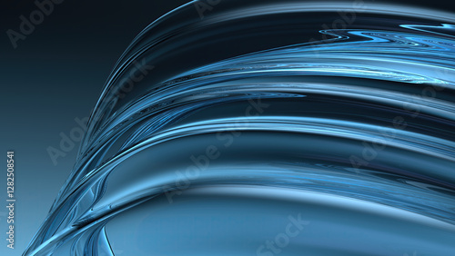 Delicate modern art created with curves of blue glass undulating board dark background Elegant and modern 3D Rendering abstract background