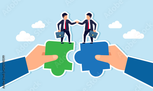 Two businessmen stand on a puzzle piece held by hands, agreeing and shaking hands, illustration of an agreement for collaboration in a joint venture