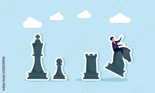 A businessman rides a knight chess piece to move forward, while a king, soldier, and rook stand nearby, illustration of strategy in business execution