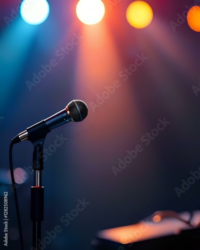 image d'un micro pour chanter ou faire des discours et à l'arrière il y a des spots lumineux et colorés, 