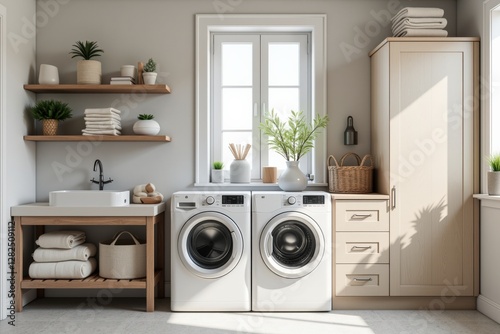 Wallpaper Mural Modern Laundry Room Interior with Washer and Dryer, Open Shelving, and Natural Decor Elements in a Bright Space Torontodigital.ca
