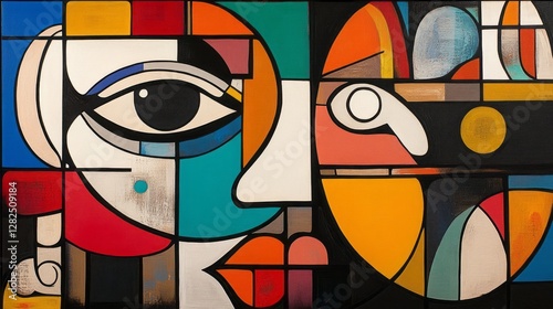 Abstract geometric painting depicts two stylized human faces side by side
