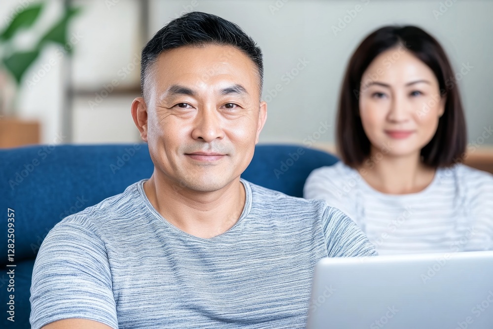 Young asian male tech user relaxing holding laptop computer and looking at the screen in living room, Remote Job or work from home concept Young asian male tech user relaxing holding laptop computer and looking at the screen in living room, Remote Job or work from home concept
