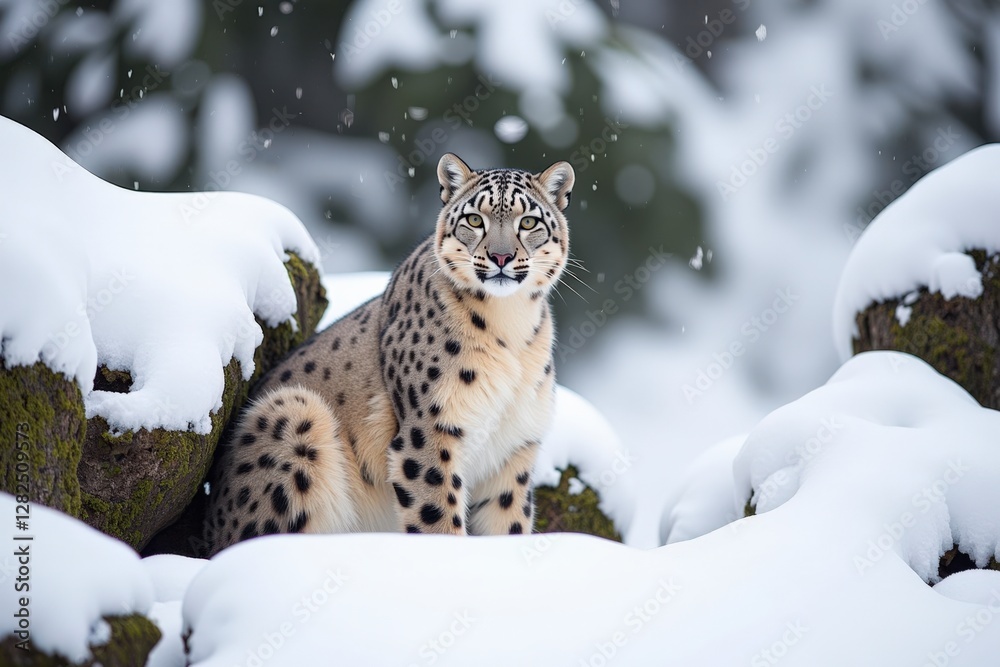 Fototapeta premium Majestic Snow Leopard Observing Its Icy Domain Amidst Snow-Covered Rocks in a Winter Wonderland Landscape