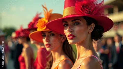 Women wearing colorful hats for ky derby, standing in a line at an outdoor event.