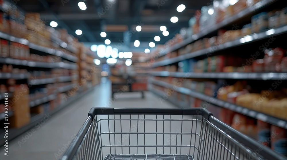 A blurred background of an empty shopping cart in the supermarket, captured from the inside looking out towards shelves with various products.