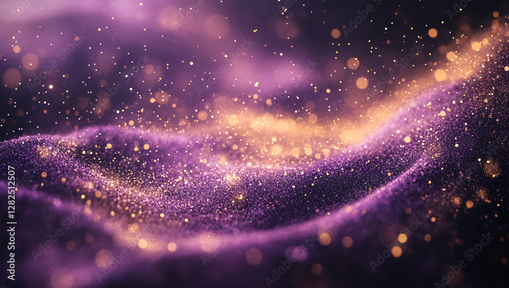 Obraz premium Vibrant purple backdrop with golden glitter, bokeh lights, and sparkles