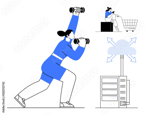 Person exercising with dumbbells, individual working from a laptop inside a shopping cart, and cloud network connected to servers. Ideal for fitness, remote work, e-commerce, technology, data