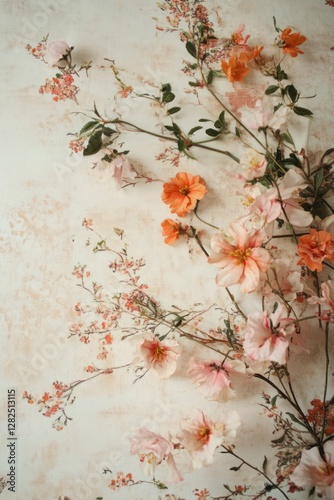 Peach flowers flatlay, textured background, spring floral arrangement, wedding invitation design