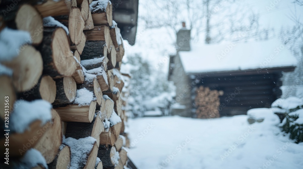 A log pile is covered in snow and is next to a house A log pile is covered in snow and is next to a house