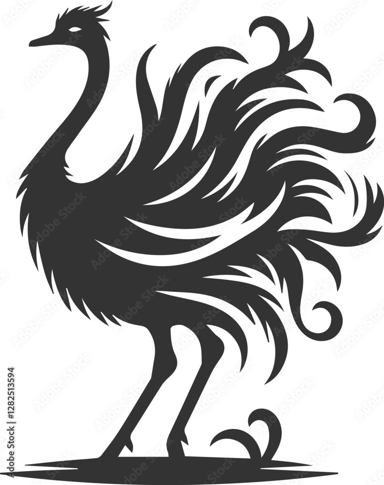 Fototapeta premium Ostrich standing in a windy setting, feathers flowing animal vector silhouette