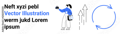 Woman holding an object while examining growth trends represented by upward arrows and a circular flow. Ideal for business strategy, progress, workflow, data analysis, innovation, teamwork, flat