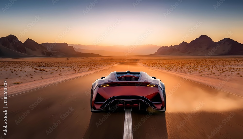 high-speed futuristic sports car racing through a desert landscape. high-speed futuristic sports car racing through a desert landscape.