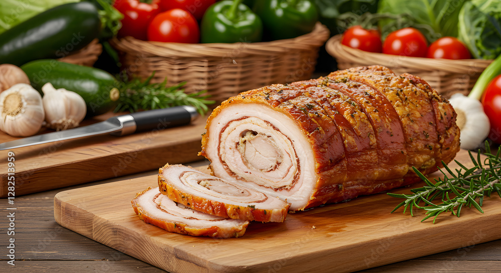 Delicious Roasted Pork Loin Roll with Crispy Skin, Sliced and Ready to Serve, Garnished with Rosemary Delicious Roasted Pork Loin Roll with Crispy Skin, Sliced and Ready to Serve, Garnished with Rosemary